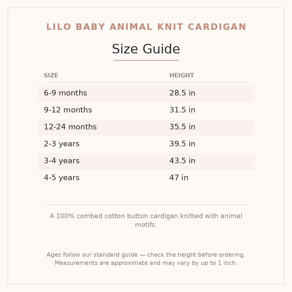 Lilo Baby Animal Knit Cardigan size guide - age and height