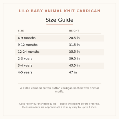 Lilo Baby Animal Knit Cardigan size guide - age and height
