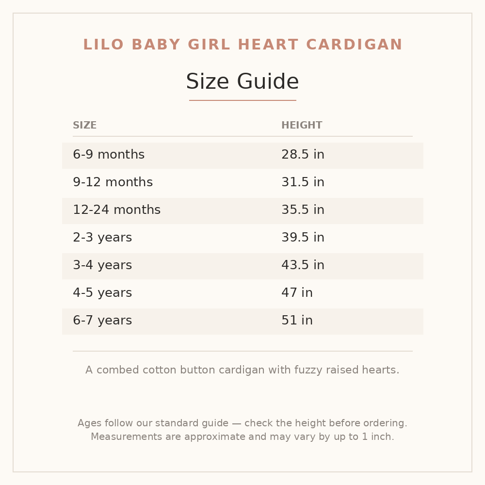 Lilo Baby Girl Heart Cardigan size guide - age and height