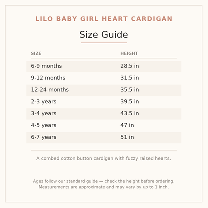 Lilo Baby Girl Heart Cardigan size guide - age and height