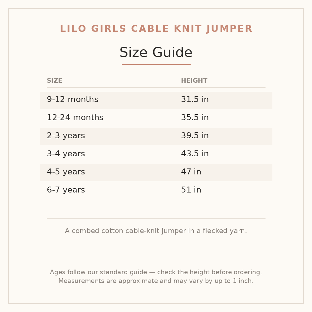 Lilo Girls Cable Knit Jumper size guide - age and height