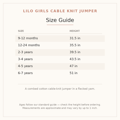 Lilo Girls Cable Knit Jumper size guide - age and height