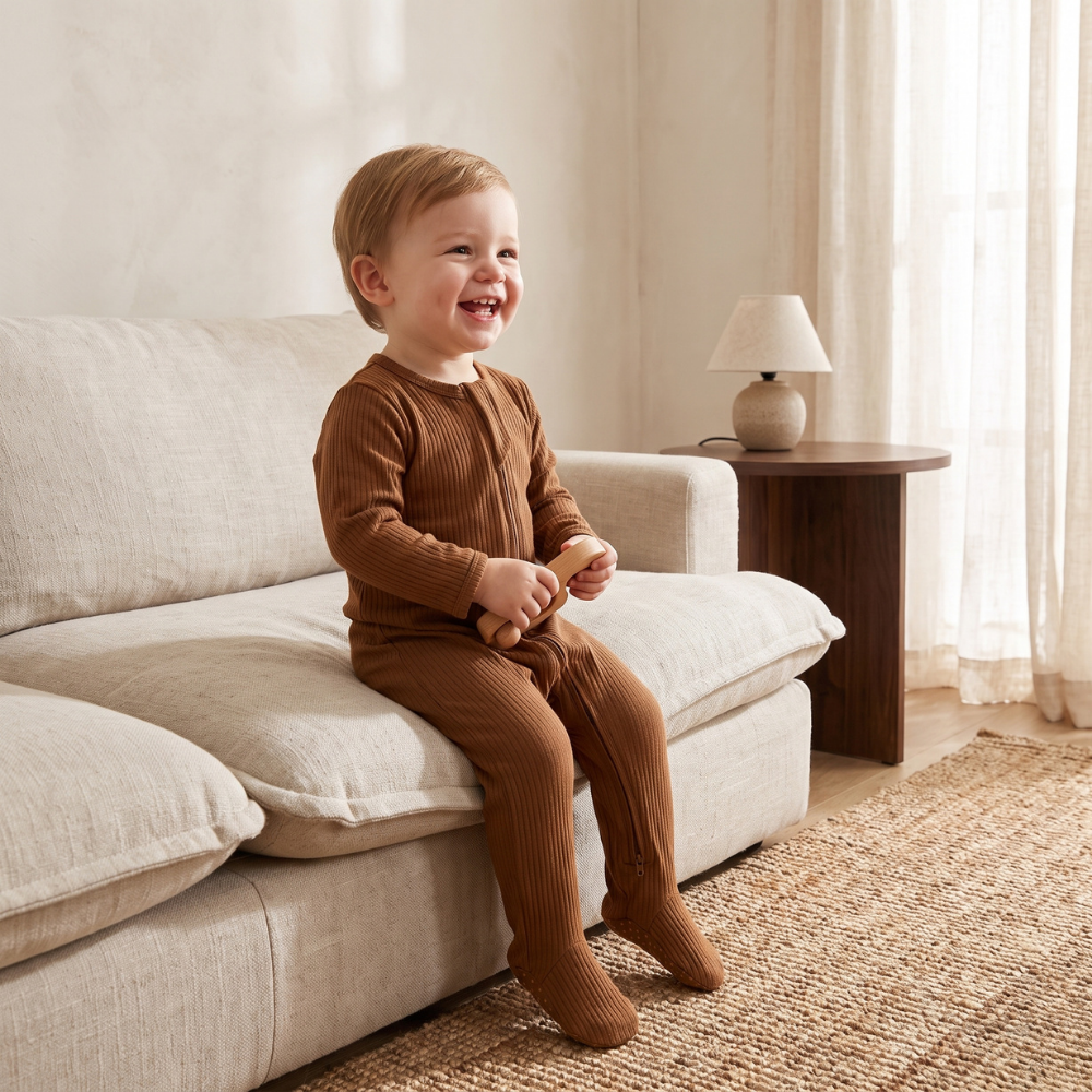 Lilo Infant Ribbed Footie Sleeper in Camel