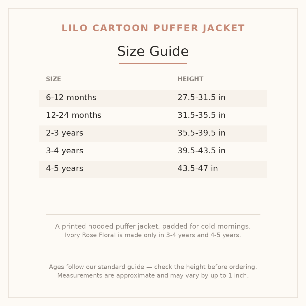 Lilo Cartoon Puffer Jacket size guide - age and height