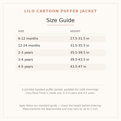 Lilo Cartoon Puffer Jacket size guide - age and height