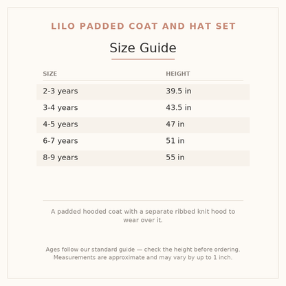 Lilo Padded Coat and Hat Set size guide - age and height