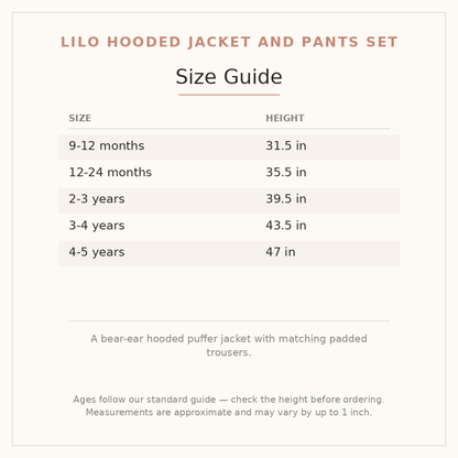 Lilo Hooded Jacket and Pants Set size guide - age and height