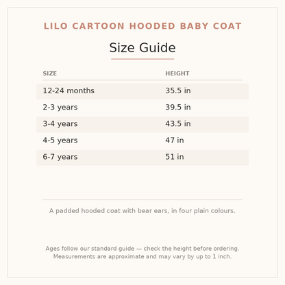 Lilo Cartoon Hooded Baby Coat size guide - age and height