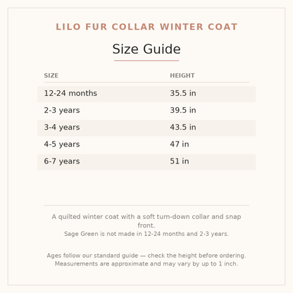 Lilo Fur Collar Winter Coat size guide - age and height