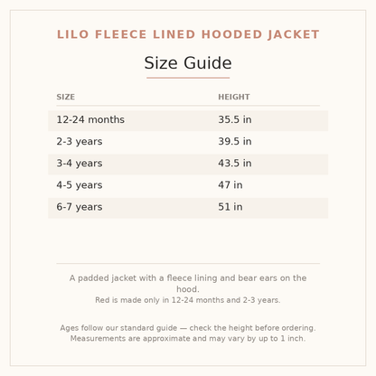 Lilo Fleece Lined Hooded Jacket size guide - age and height