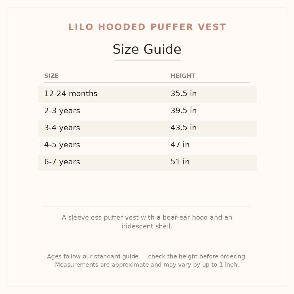 Lilo Hooded Puffer Vest size guide - age and height
