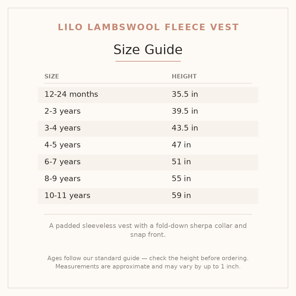 Lilo Lambswool Fleece Vest size guide - age and height