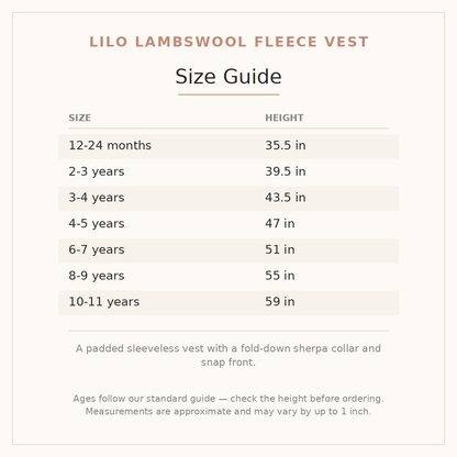 Lilo Lambswool Fleece Vest size guide - age and height