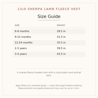 Lilo Sherpa Lamb Fleece Vest size guide - age and height