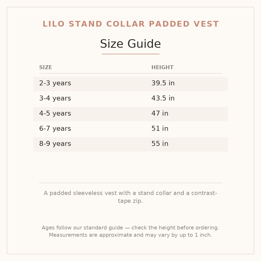 Lilo Stand Collar Padded Vest size guide - age and height