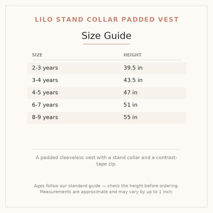 Lilo Stand Collar Padded Vest size guide - age and height