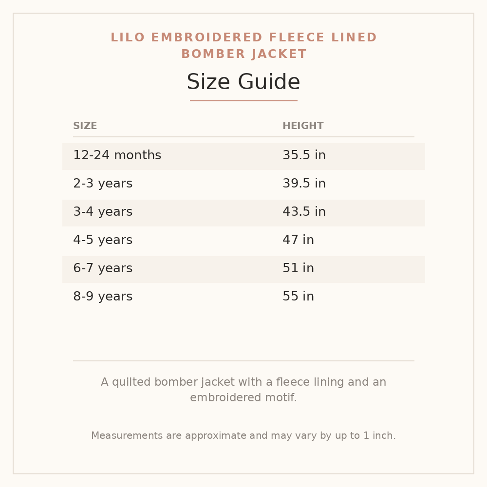 Lilo Embroidered Fleece Lined Bomber Jacket size guide - age and height