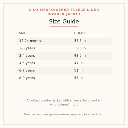 Lilo Embroidered Fleece Lined Bomber Jacket size guide - age and height