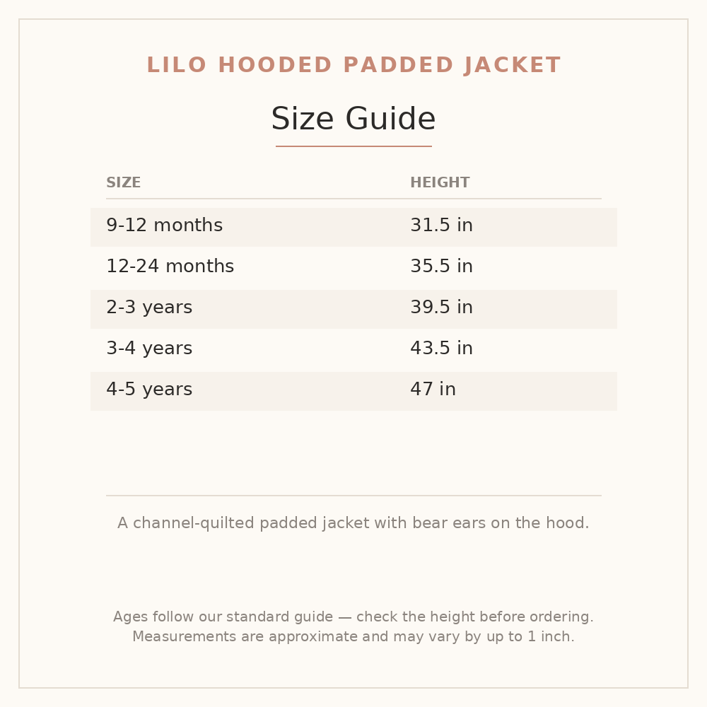 Lilo Hooded Padded Jacket size guide - age and height