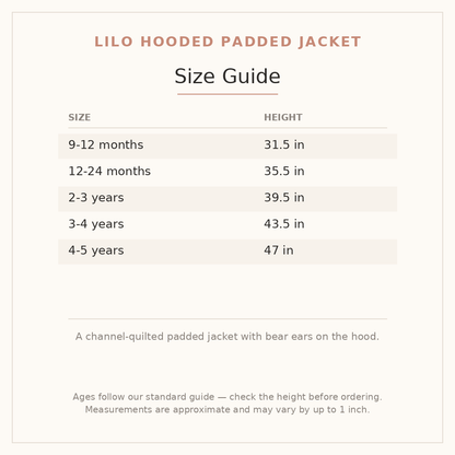 Lilo Hooded Padded Jacket size guide - age and height