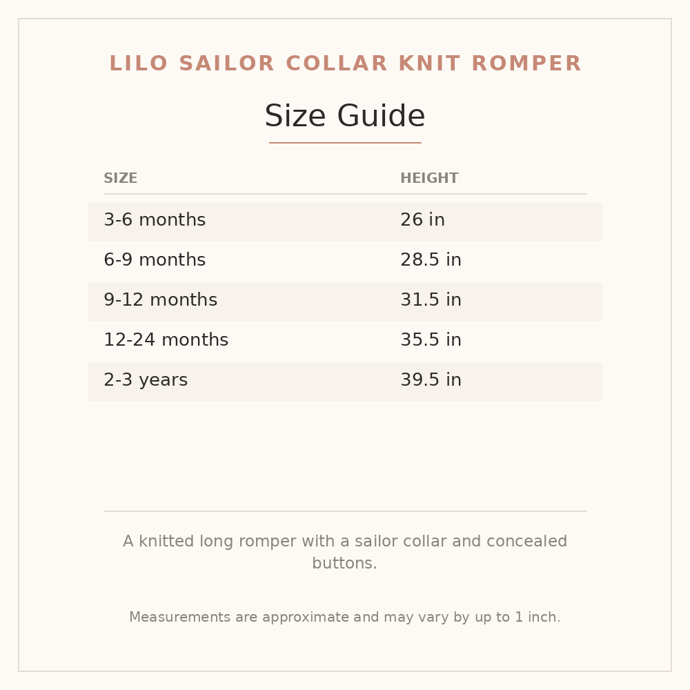 Lilo Sailor Collar Knit Romper size guide - age and height