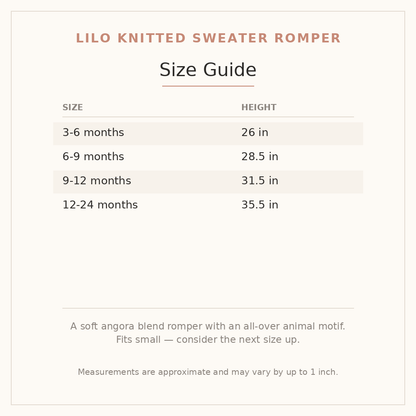 Lilo Knitted Sweater Romper size guide - age and height