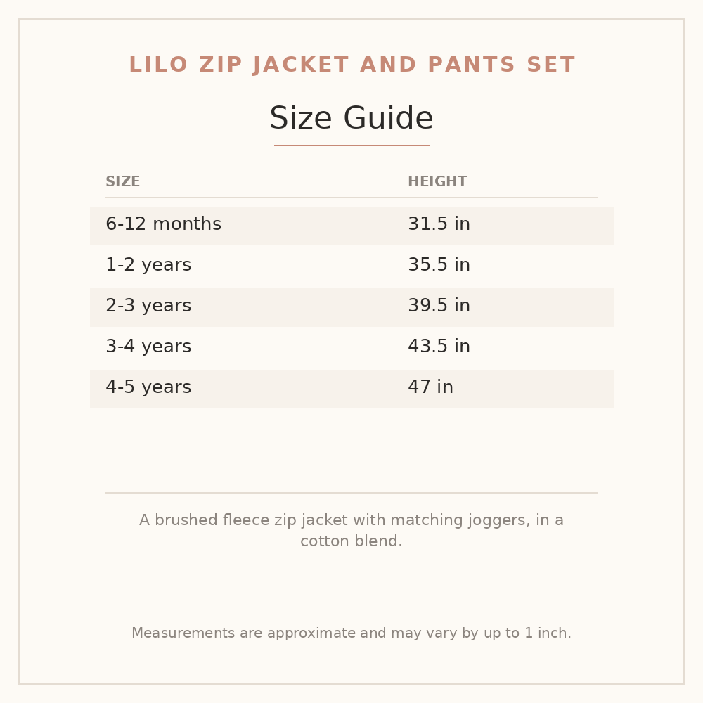 Lilo Zip Jacket and Pants Set size guide - age and height