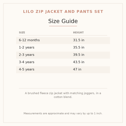 Lilo Zip Jacket and Pants Set size guide - age and height