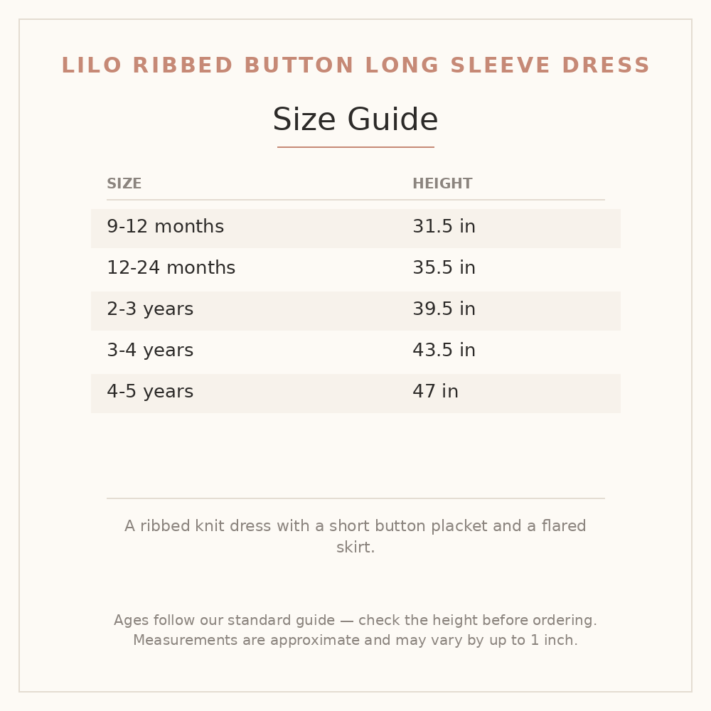 Lilo Ribbed Button Long Sleeve Dress size guide - age and height