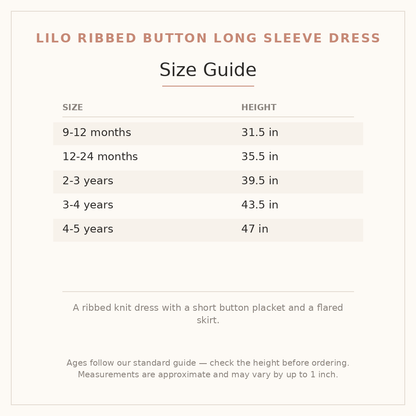 Lilo Ribbed Button Long Sleeve Dress size guide - age and height