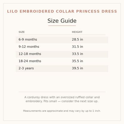 Lilo Embroidered Collar Princess Dress size guide - age and height