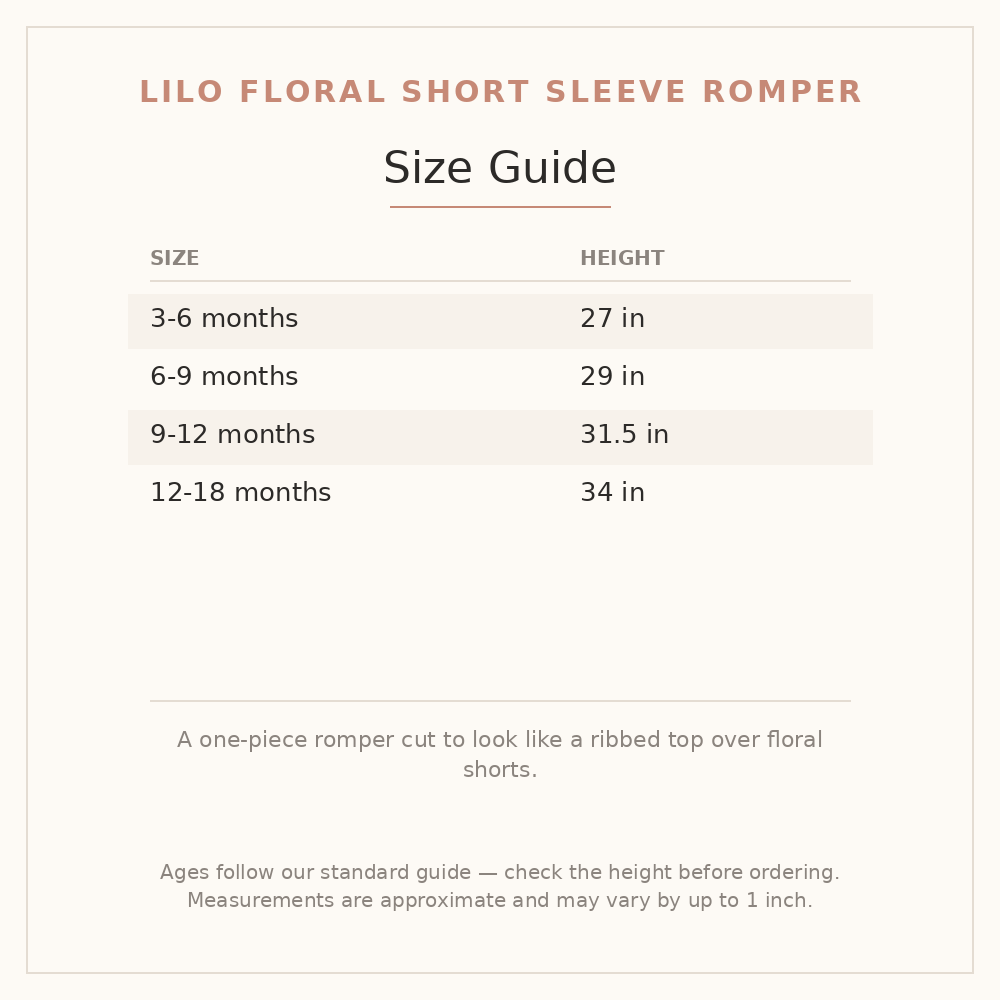 Lilo Floral Short Sleeve Romper size guide - age and height