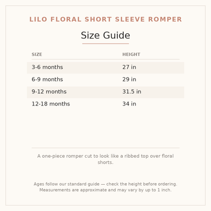 Lilo Floral Short Sleeve Romper size guide - age and height