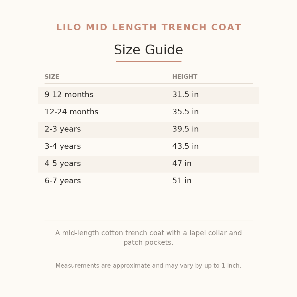 Lilo Mid Length Trench Coat size guide - age and height