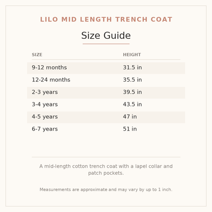 Lilo Mid Length Trench Coat size guide - age and height