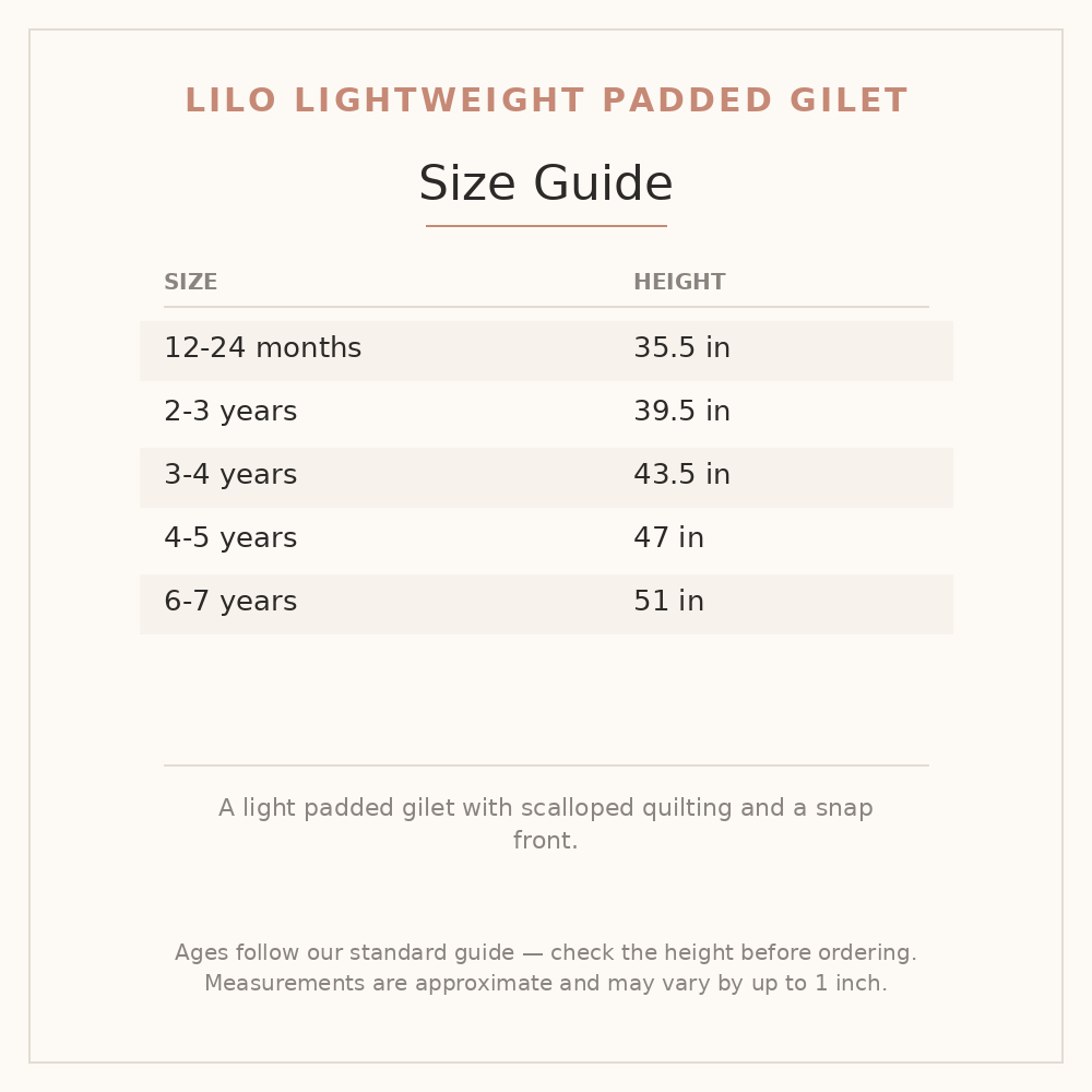 Lilo Lightweight Padded Gilet size guide - age and height