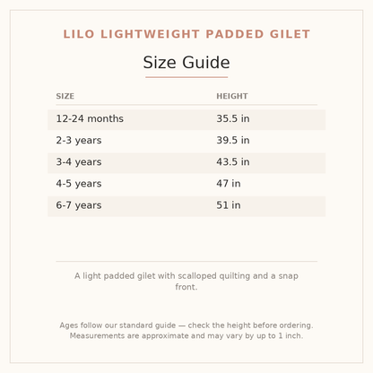 Lilo Lightweight Padded Gilet size guide - age and height