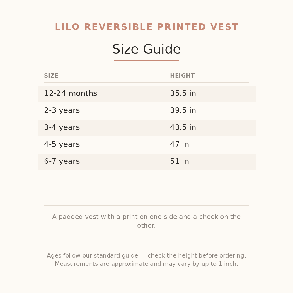 Lilo Reversible Printed Vest size guide - age and height