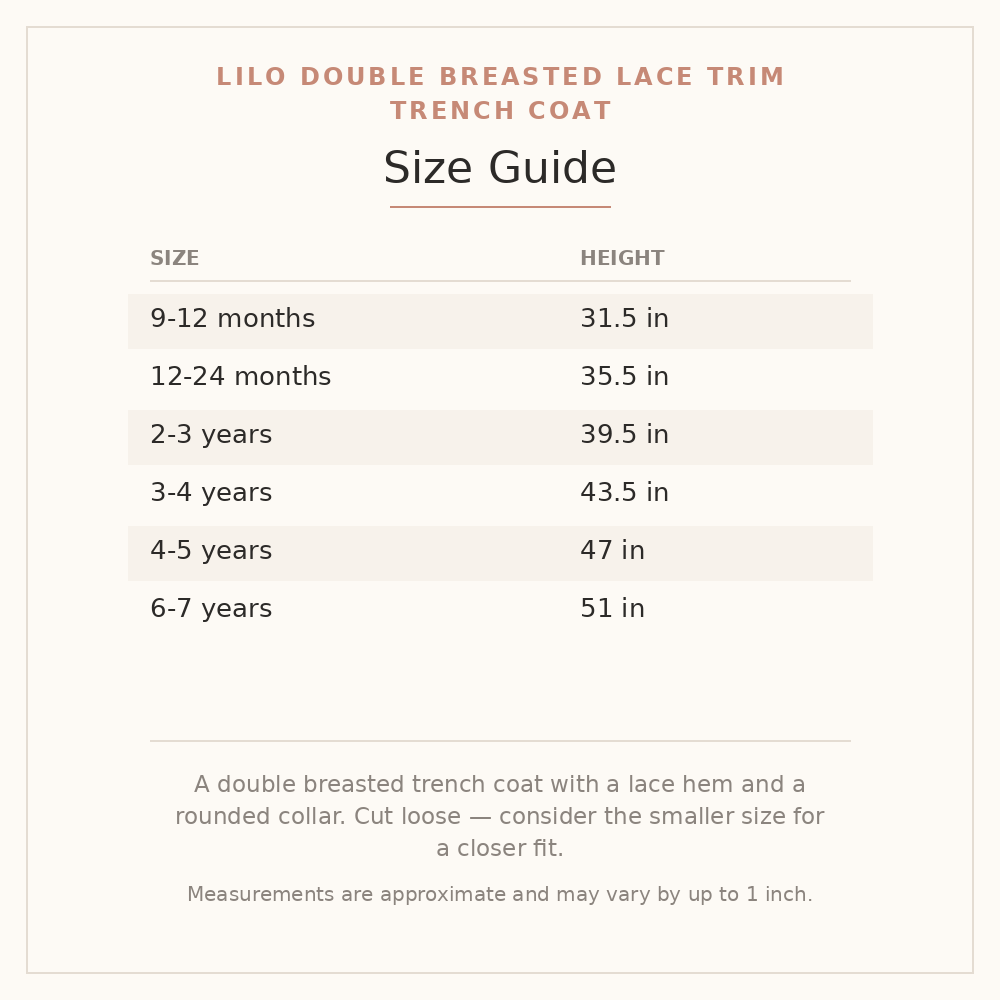 Lilo Double Breasted Lace Trim Trench Coat size guide - age and height