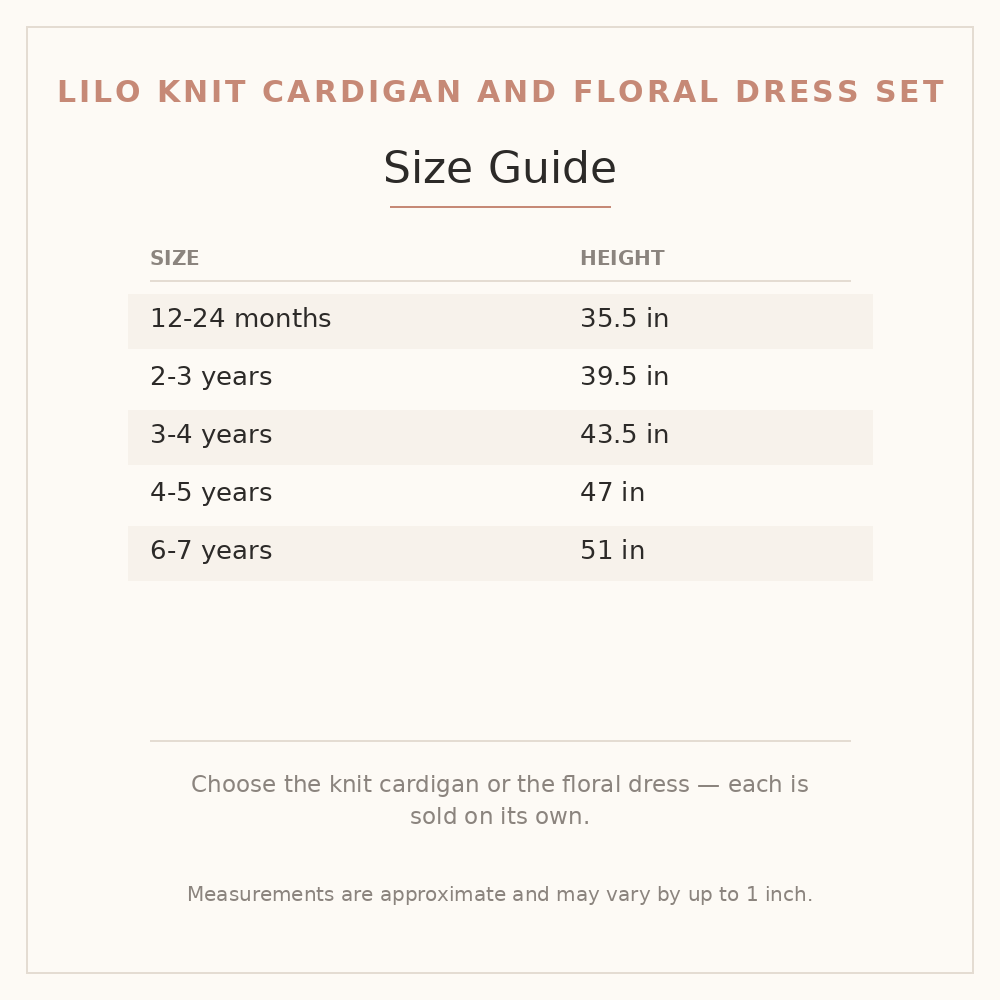 Lilo Knit Cardigan and Floral Dress Set size guide - age and height