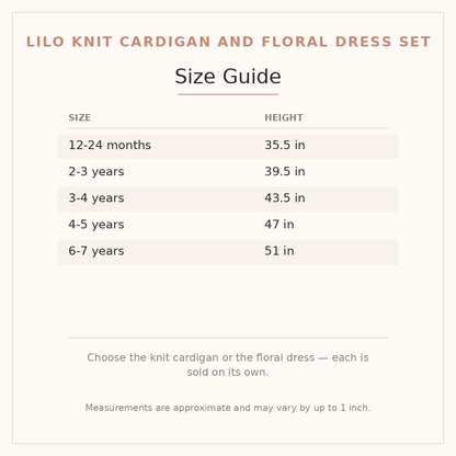 Lilo Knit Cardigan and Floral Dress Set size guide - age and height