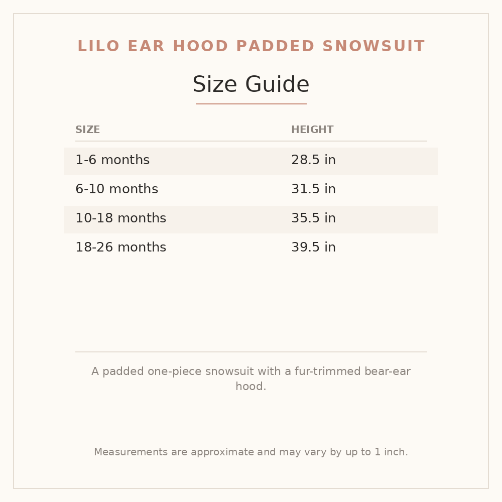 Lilo Ear Hood Padded Snowsuit size guide - age and height