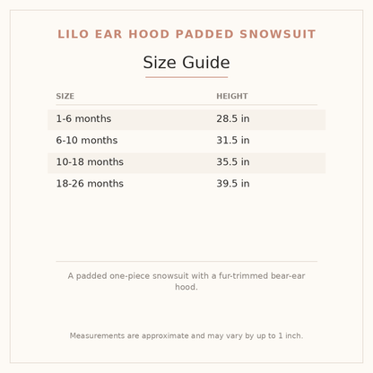 Lilo Ear Hood Padded Snowsuit size guide - age and height