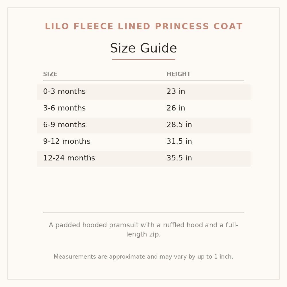 Lilo Fleece Lined Princess Coat size guide - age and height