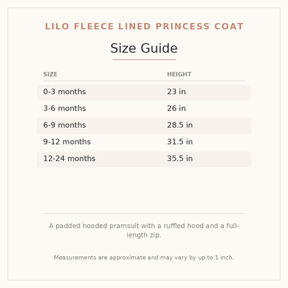 Lilo Fleece Lined Princess Coat size guide - age and height