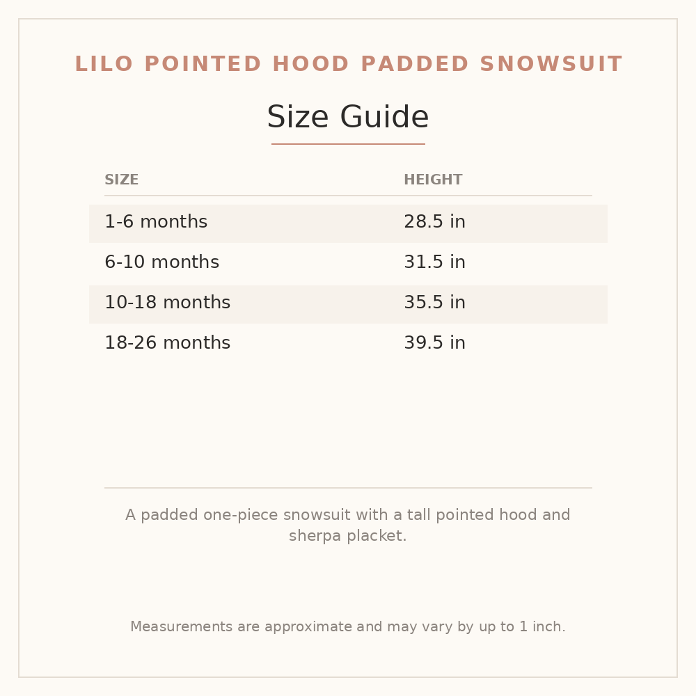 Lilo Pointed Hood Padded Snowsuit size guide - age and height
