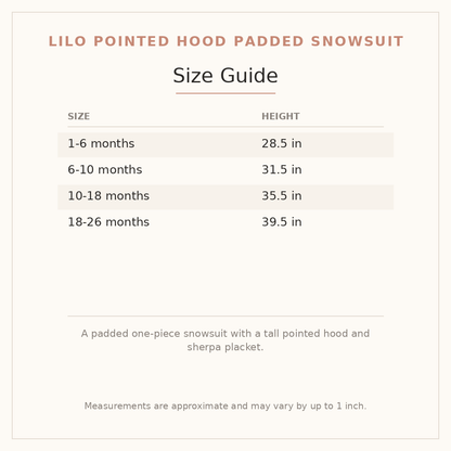 Lilo Pointed Hood Padded Snowsuit size guide - age and height