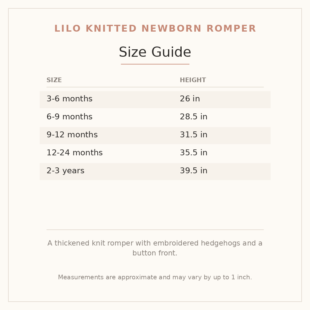 Lilo Knitted Newborn Romper size guide - age and height