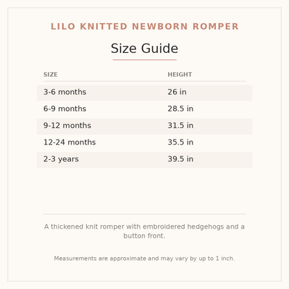Lilo Knitted Newborn Romper size guide - age and height
