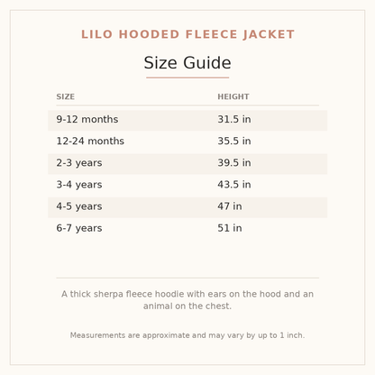 Lilo Hooded Fleece Jacket size guide - age and height